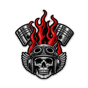 Flaming Skull Biker Patch - Piston Wings Gesticktes Abzeichen