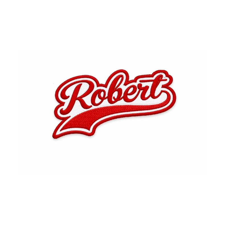 Custom script embroidered name patch with cursive lettering and underline design, personalized iron-on badge for jackets, backpacks, hats, uniforms, and team apparel.