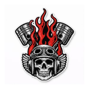 May include: A black and white graphic of a skull wearing a vintage motorcycle helmet with goggles and wings. Red flames rise behind the skull, with two piston engine cylinders on either side.
