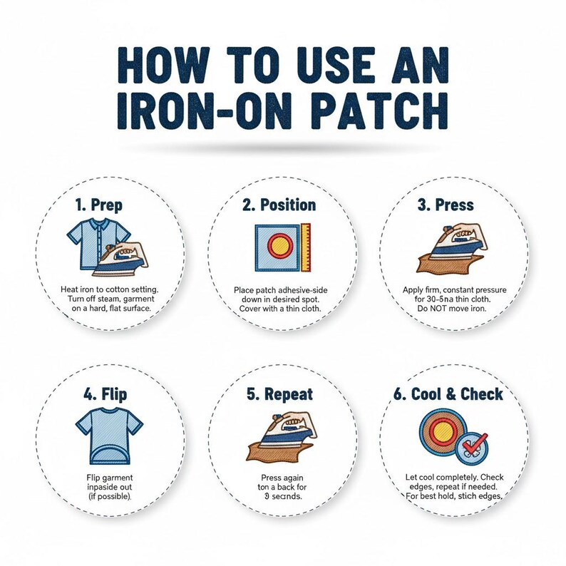 How to Use an Iron-on Patch" featuring a 6-step instructional guide. Steps include: 1. Prep iron to cotton setting, 2. Position patch adhesive-side down, 3. Press with firm pressure for 30 seconds, 4. Flip garment inside out, 5. Repeat pressing on the back, and 6. Cool and check edges. Ideal for DIY apparel and jacket repair.