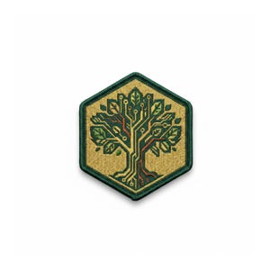 May include: Hexagonal embroidered patch with a tree design incorporating circuit board elements. The tree has green leaves and brown branches, set against a gold background with a dark green border. A tech-themed accessory.