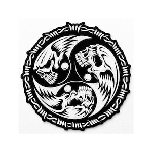 May include: Black and white patch featuring three stylized skulls arranged in a circular design. The skulls are surrounded by a barbed wire border, creating a gothic or biker aesthetic. The patch is likely for clothing or accessories.