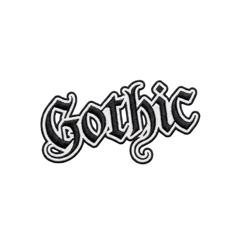 Gothic script embroidered name patch black and white iron on sew on jacket vest badge.