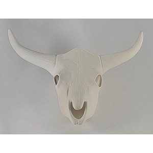 May include: A matte white ceramic wall sculpture shaped like a bull skull. The piece features detailed bone textures, including a central ridge, eye sockets, and two long, curved horns extending outward from the sides of the cranium.