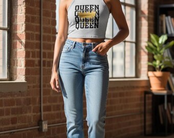 Queen Graphic Racer Tank Top Gold Crown Damen gerippte Crop