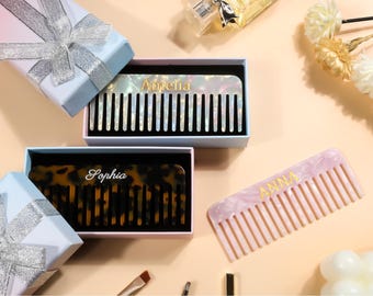 名前入りアセテート製ヘアコーム（ギフトボックス付き）、結婚式ブライズメイドギフト、大理石風ヘアコーム、携帯用ポケットヘアコーム