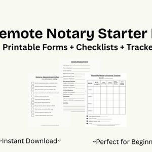 May include: A Remote Notary Starter Kit with printable forms, checklists, and a tracker. The kit includes a client intake form, notary appointment checklist, and a monthly income tracker. The text "Instant Download" and "Perfect for Beginners" are also included.