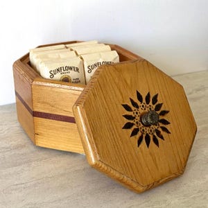 Vintage Solid Wood Octagonal Box with Floral Details and Metal Knob Pull / Kitchen Storage