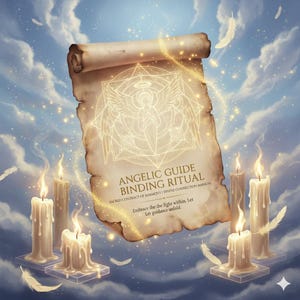 May include: An illustration of a parchment scroll with the text "ANGELIC GUIDE BINDING RITUAL" and an angel graphic. Lit candles and feathers surround the scroll against a cloudy sky background.