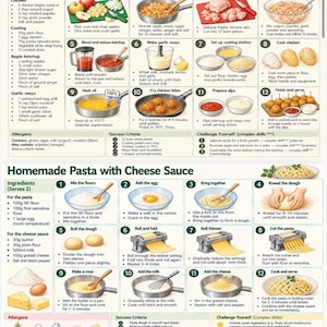 May include: An instructional infographic featuring two recipes: Crispy Chicken Thigh Bites with Orchard Apple Ketchup and Garlic Mayo, and Homemade Pasta with Cheese Sauce. Each recipe includes a list of ingredients, allergens, and twelve numbered steps.