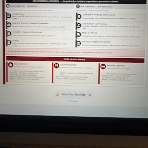 May include: A document titled "Types of Provision - Non-Commercial & Service Types" with lists of non-commercial and commercial food services. The document is on a laptop screen with a keyboard visible.
