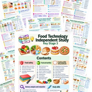 May include: A collection of educational posters titled Food Technology Independent Study Key Stage 3, featuring colorful illustrations of food, kitchen tools, and text outlines for lessons on food safety, nutrition, and cooking skills.