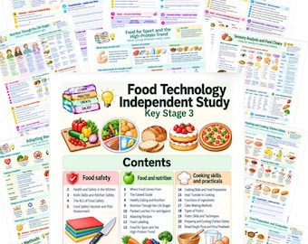 May include: A collection of educational posters titled Food Technology Independent Study Key Stage 3, featuring colourful illustrations of food, kitchen tools, and text outlines for lessons on food safety, nutrition, and cooking skills.