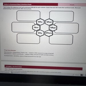 May include: A computer screen displaying a document with a task outline for recommending dishes based on nutritional needs. The document includes a diagram with hexagonal boxes labeled 'Who,' 'What,' 'How,' 'When,' 'Why,' and 'Where.'