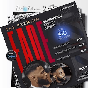 May include: A black and red flyer promoting barber services. The flyer includes the text "THE PREMIUM FADE" in large red letters, along with service descriptions and a price list. Two images of men with haircuts are featured.