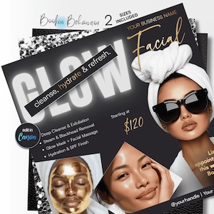 May include: A promotional flyer for a facial service. The design features the word "GLOW" in large, white letters, with the tagline "cleanse, hydrate & refresh." The flyer includes images of women with facial treatments and lists services like deep cleanse and exfoliation.