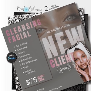 May include: A promotional flyer for a facial service, featuring a woman's face and the words "CLEANSING FACIAL" in pink and gray. The flyer lists services like consultation, cleansing, and facial massage. The text "NEW CLIENT Specials" is also visible.