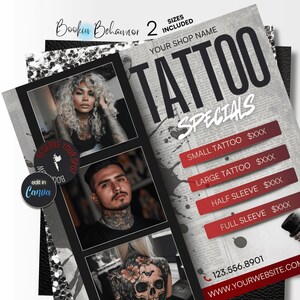 May include: A promotional flyer for a tattoo shop with the text "TATTOO SPECIALS". The flyer includes images of tattooed individuals and price listings for various tattoo sizes. The flyer also includes the shop's contact information.