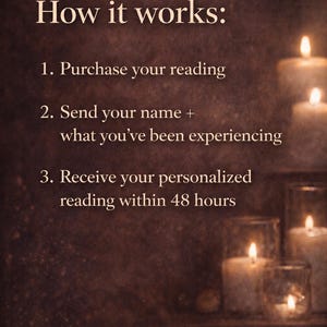 Op de afbeelding: Een donkerbruine achtergrond met verschillende brandende kaarsen in glazen houders aan de rechterkant. De tekst luidt: How it works: 1. Purchase your reading 2. Send your name + what you've been experiencing 3. Receive your personalized reading within 48 hours.