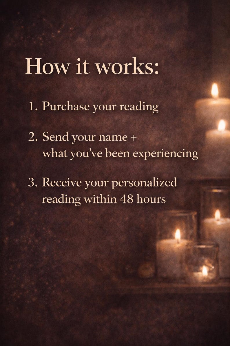 Op de afbeelding: Een donkerbruine achtergrond met verschillende brandende kaarsen in glazen houders aan de rechterkant. De tekst luidt: How it works: 1. Purchase your reading 2. Send your name + what you've been experiencing 3. Receive your personalized reading within 48 hours.