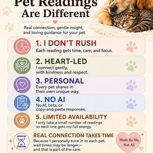 Puede incluir: Un gr&aacute;fico informativo titulado Why My Pet Readings Are Different que muestra un golden retriever y un gato atigrado. Enumera seis puntos sobre servicios de lectura para mascotas, destacando la ausencia de IA, atenci&oacute;n personal y disponibilidad limitada, con un coraz&oacute;n que dice Made By Me, Not AI.