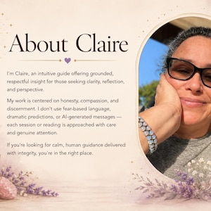 May include: A portrait of a person with dark hair and glasses, framed by purple lavender illustrations. The text reads: About Claire. I'm Claire, an intuitive guide offering grounded, respectful insight for those seeking clarity, reflection, and perspective.