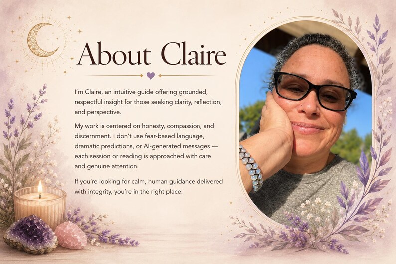 May include: A portrait of a person with dark hair and glasses, framed by purple lavender illustrations. The text reads: About Claire. I'm Claire, an intuitive guide offering grounded, respectful insight for those seeking clarity, reflection, and perspective.