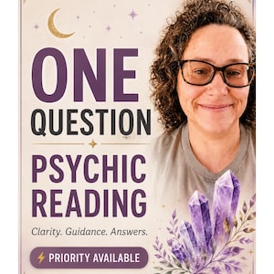 May include: A promotional graphic featuring the text ONE QUESTION PSYCHIC READING, Clarity. Guidance. Answers., and PRIORITY AVAILABLE. The design includes a crescent moon, purple crystal clusters with green leaves, and a person wearing glasses.