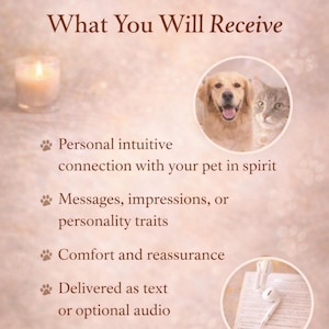 Puede incluir: Un gr&aacute;fico informativo digital titulado What You Will Receive, que presenta una vela encendida, un recuadro circular con un golden retriever y un gato atigrado, y un segundo recuadro que muestra auriculares blancos sobre un documento con texto.