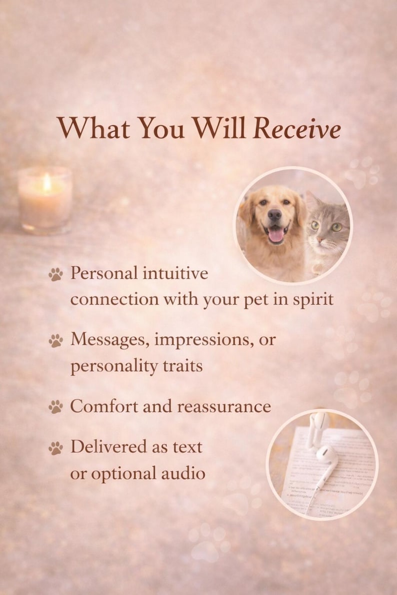 Puede incluir: Un gr&aacute;fico informativo digital titulado What You Will Receive, que presenta una vela encendida, un recuadro circular con un golden retriever y un gato atigrado, y un segundo recuadro que muestra auriculares blancos sobre un documento con texto.