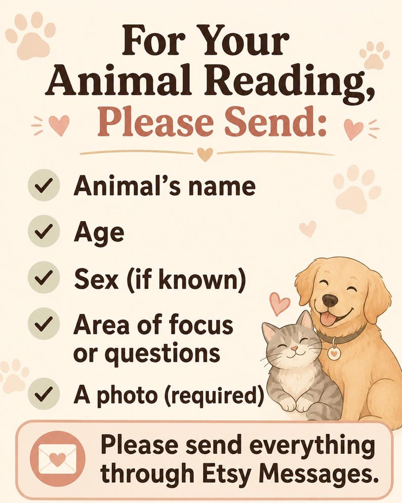 Puede incluir: Un gr&aacute;fico informativo beige con texto marr&oacute;n oscuro que dice For Your Animal Reading, Please Send: Animal&rsquo;s name, Age, Sex (if known), Area of focus or questions, A photo (required) y Please send everything through Etsy Messages.