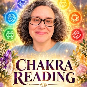 May include: A person with curly hair and glasses centered in front of a glowing circular arrangement of seven colorful chakra symbols. The text CHAKRA READING Personalized Energy Insight appears below, flanked by purple and orange crystals.