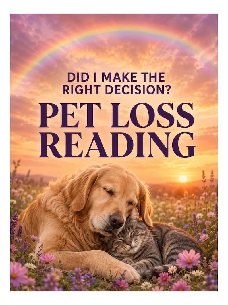 May include: A golden retriever dog and a tabby cat resting together in a field of purple and white flowers under a sunset sky with a rainbow. The text reads: DID I MAKE THE RIGHT DECISION? PET LOSS READING in dark purple capital letters.