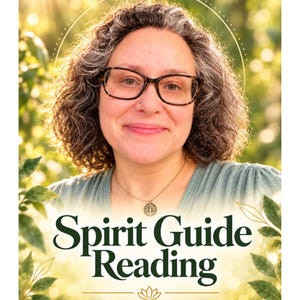 May include: A person with curly hair and glasses wearing a tree pendant necklace. The text Spirit Guide Reading is displayed in dark green font over a background of soft sunlight and green leaves with a star graphic above the head.