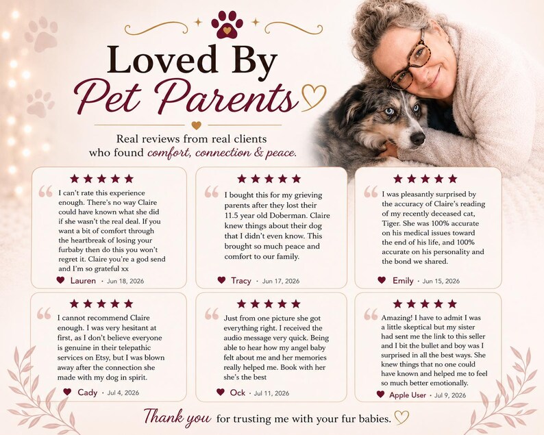 May include: A promotional graphic titled Loved By Pet Parents featuring a photograph of a person with a dog. Below the title are six five-star customer reviews detailing experiences with pet-related services, including names and dates from 2026.