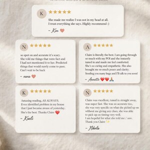 Op de afbeelding: Een grafische weergave getiteld Testimonials for Claire, Intuitive Medium & Spiritual Guide, met vijf witte rechthoekige kaarten met vijfsterrenbeoordelingen en klantrecensies van Kim, Nana, Annette, Kaeli en Nikola, eindigend met een website-URL.