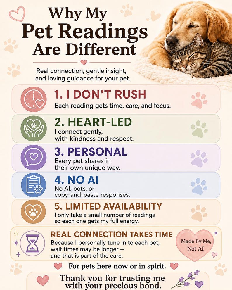 May include: An informational graphic titled Why My Pet Readings Are Different featuring a golden retriever and a tabby cat. It lists six points about pet reading services, emphasizing no AI, personal care, and limited availability, with a heart icon stating Made By Me, Not AI.