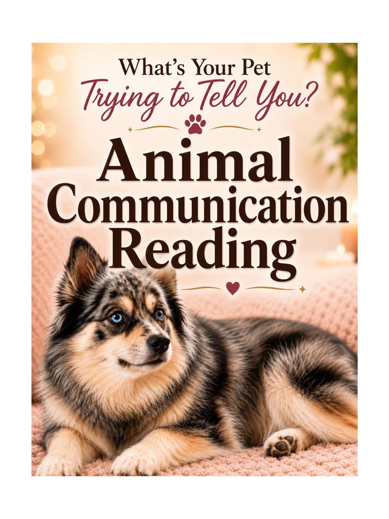 May include: A rectangular sign featuring the text What's Your Pet Trying to Tell You? Animal Communication Reading. Below the text is a medium-sized dog with blue eyes, black, grey, and tan fur, lying down on a textured, light pink surface.