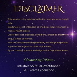 Op de afbeelding: Een paarse en zwarte sterrenhemel achtergrond met de gouden tekst DISCLAIMER. De tekst stelt dat deze dienst alleen voor spirituele reflectie en persoonlijk inzicht is, niet als medisch, juridisch, financieel of mentaal advies. Gemaakt door Claire.