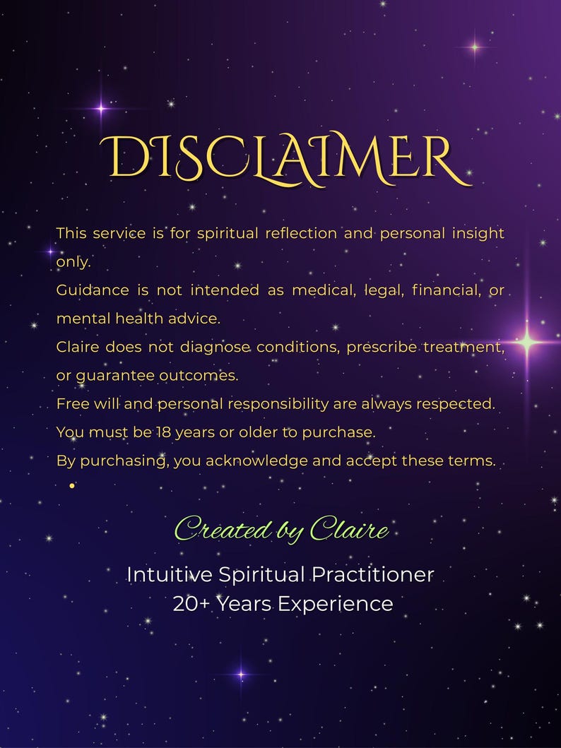 Op de afbeelding: Een paarse en zwarte sterrenhemel achtergrond met de gouden tekst DISCLAIMER. De tekst stelt dat deze dienst alleen voor spirituele reflectie en persoonlijk inzicht is, niet als medisch, juridisch, financieel of mentaal advies. Gemaakt door Claire.