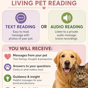 May include: An informational graphic titled WHAT YOU RECEIVE LIVING PET READING. It offers a text or audio reading service for pets. The layout includes icons, bullet points detailing messages, answers, guidance, and delivery, plus a golden retriever and tabby cat.