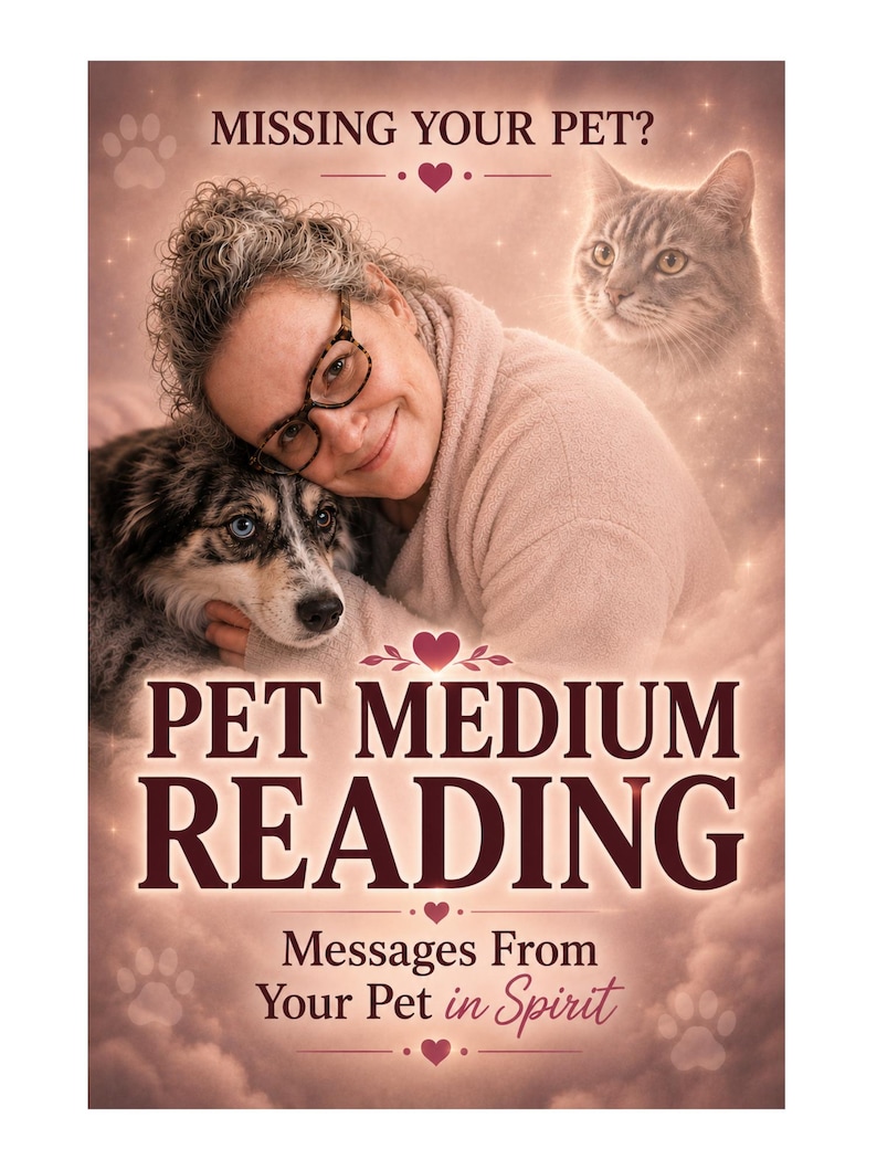 Puede incluir: Un p&oacute;ster promocional con una persona con gafas abrazando a un perro, con la imagen fantasmal de un gato encima. El texto dice: MISSING YOUR PET? PET MEDIUM READING Messages From Your Pet in Spirit. El fondo es de un color rosa suave y brumoso.