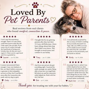 Puede incluir: Un gr&aacute;fico promocional titulado Loved By Pet Parents que muestra una fotograf&iacute;a de una persona con un perro. Debajo del t&iacute;tulo hay seis rese&ntilde;as de clientes de cinco estrellas que detallan experiencias con servicios para mascotas, incluyendo nombres y fechas.