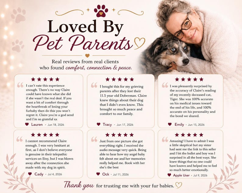 May include: A promotional graphic titled Loved By Pet Parents featuring a photograph of a person with a dog. Below the title are six five-star customer reviews detailing experiences with pet-related services, including names and dates from 2026.