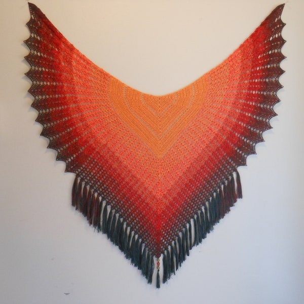 crochet shawl with wings in shade of orange fading to red to black free shipping