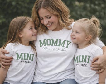 Mommy Sage Collegiate Name Tee, Personalized Mom Shirt with Children's Names, Custom Mom Gift, Matching Mom and Mini Shirt, Mother's Day Tee
