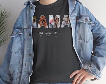 Custom Mama Photo Shirt with Kids Names & Hearts | Personalized 4 Photo Collage Mom Tee | Mother's Day Gift for Mom