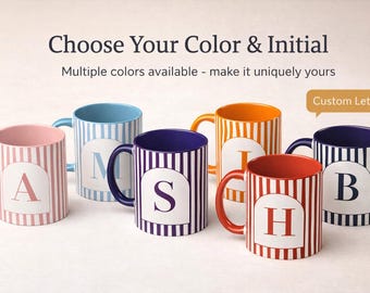 Personalized Monogram Mug with Arch Initial, Custom Color Stripe Coffee Mug, Choose Your Letter, Preppy Gift for Her, Custom Accent Mug