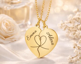 Personalized Split Heart Necklace Set for 2, Matching Best Friend Necklace, Couple Necklace, Mother Daughter Gift, Custom Names Gold Silver