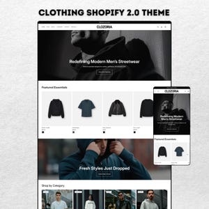 Pode incluir: Design do site para uma loja de roupas, apresentando um tema moderno de streetwear. O site apresenta uma visualização para desktop e celular, com exibições de produtos e o texto "CLOZORIA" e "Fresh Styles Just Dropped".